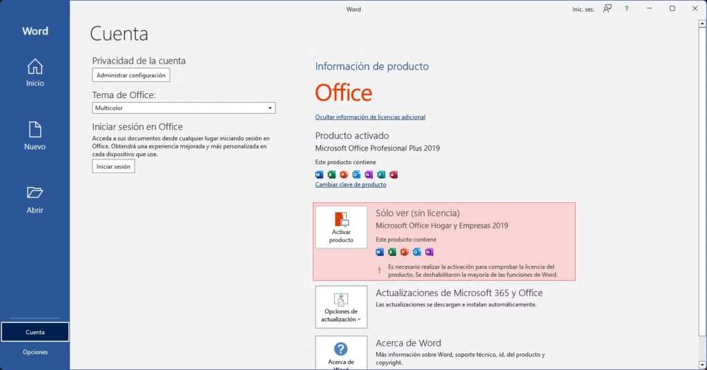 office sin licencia